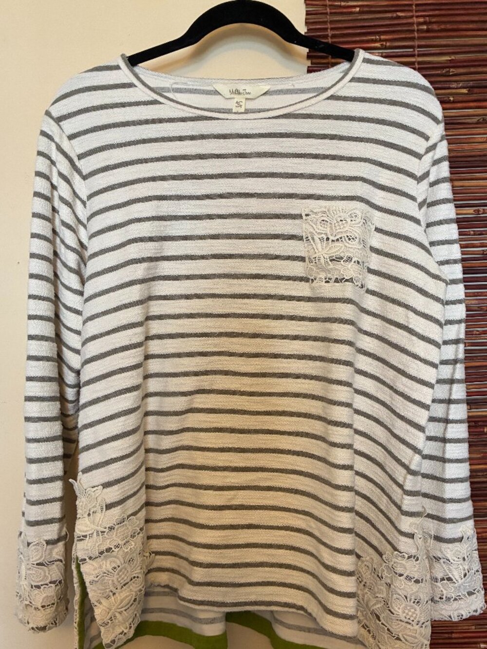 Matilda Jane Sweatshirt Green Stripe on Ivory with Lace Accents XL Cottage Core